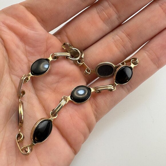 Silver Tone Black Onyx Bezel Set Station Bracelet Size 7.5" Length - Picture 7 of 10